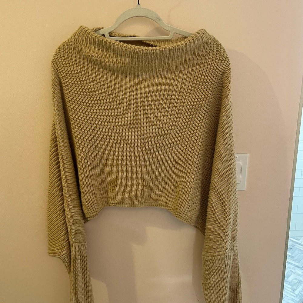 LF Tan Off-the-Shoulder Sweater with Cozy Ribbed Knit